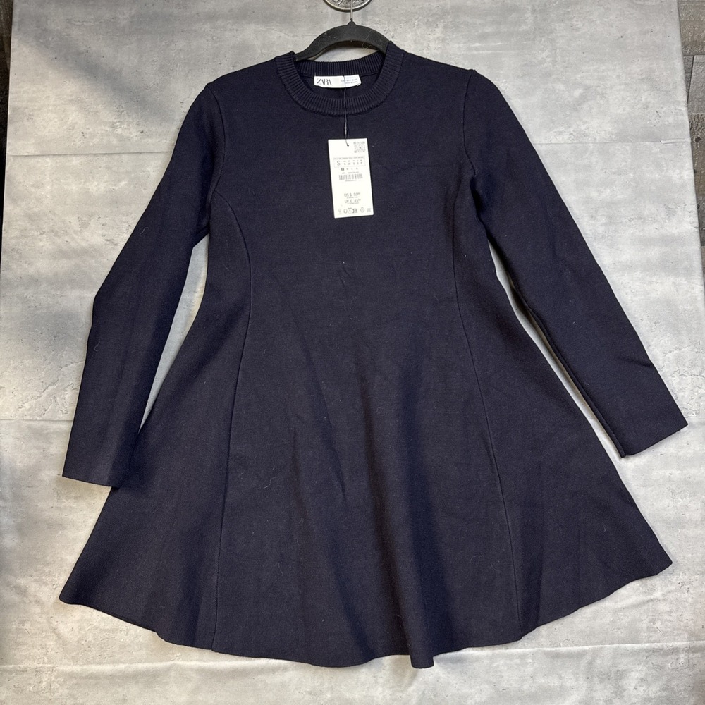 NWT Zara Long Sleeve Knit Dress A Line Crew Neckline Navy S